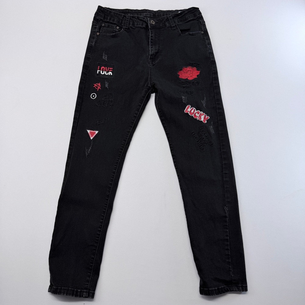 Fashion Denim Mens Black Graphic Patch Embroidered Slim Jeans Size 32 Streetwear